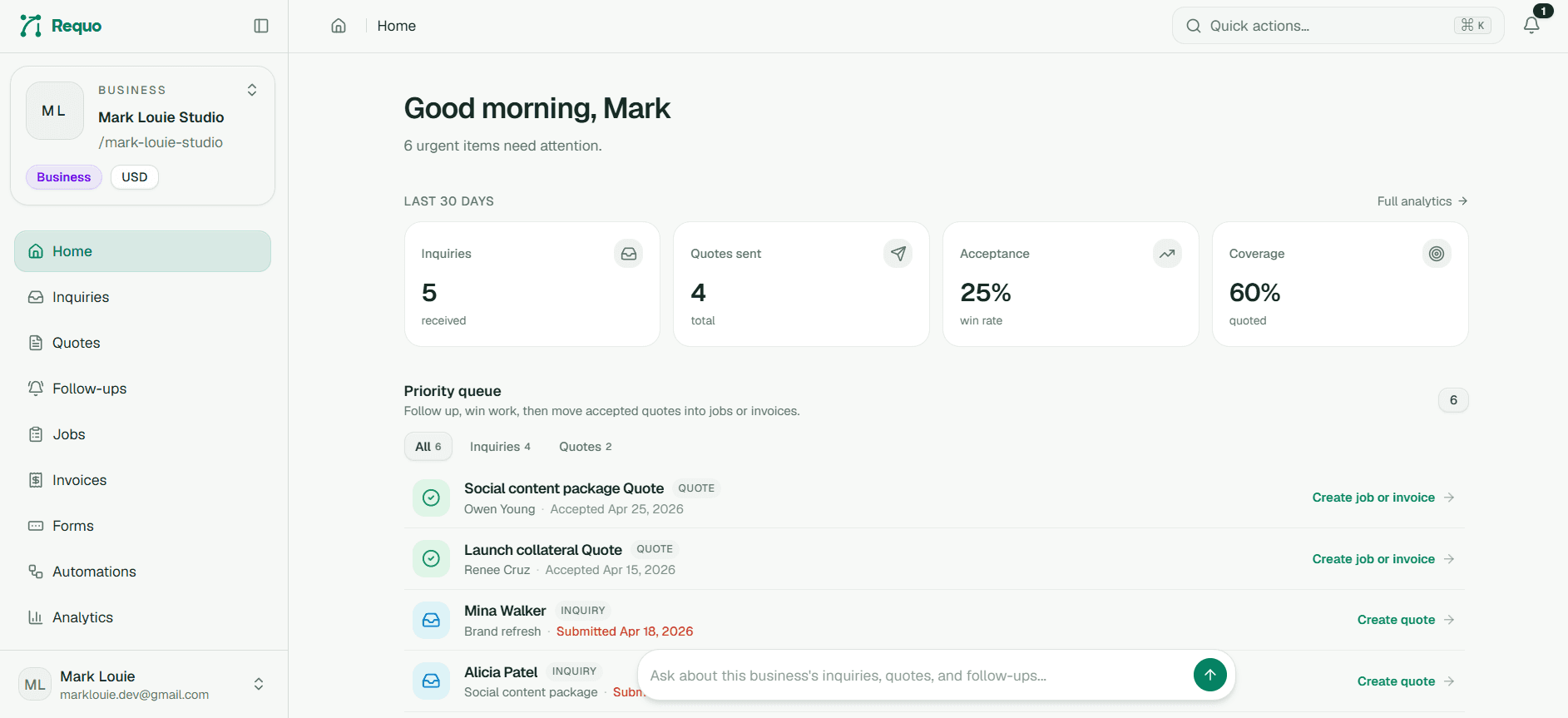 Requo dashboard showing inquiries, quotes, and workflow overview